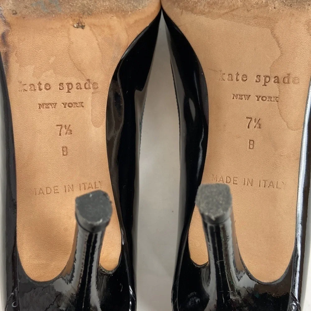 Kate Spade Giselle Oxford Patent Leather Peep Toe Perforated Trim Black Heels